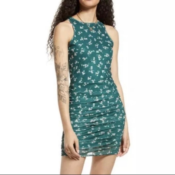 Bp. Nordstrom Ruched Mesh Body-con Mini Dress-Green Floral-Women’s S-Cottage-NEW - Picture 1 of 9